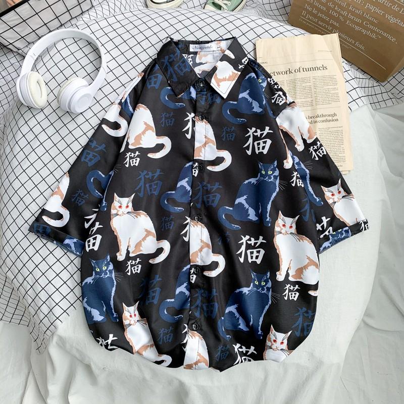 Áo Sơ Mi Nam Tay Ngắn Dáng Rộng In Hình Mèo Thời Trang