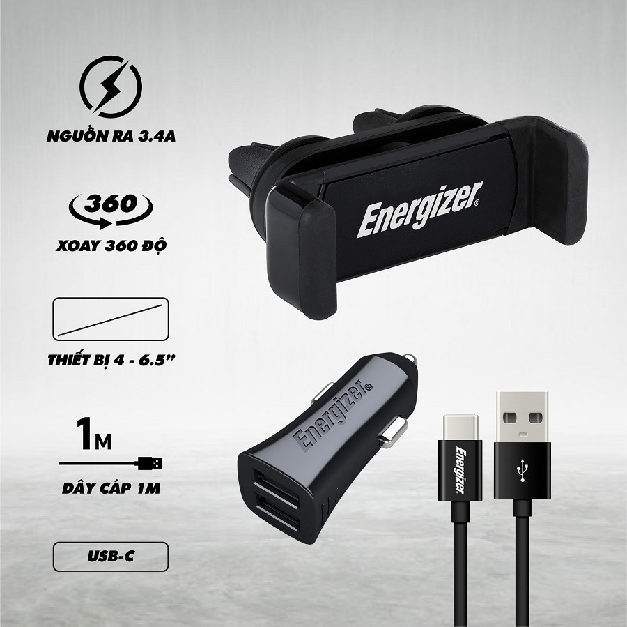 Bộ sạc xe hơi Energizer 3.4A màu đen, kèm đế, cáp Type C - CKITB2CC23 - Hàng chính hãng