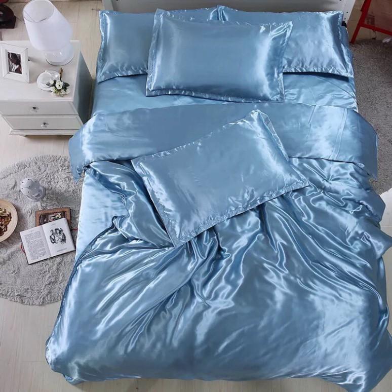 (Hàng LOẠI 1 - Không Nối Vải) Bộ Vỏ Chăn Ga Gối Phi Lụa 5 Món Cao Cấp LAN PHAM BEDDING - Màu Xanh Da Trời