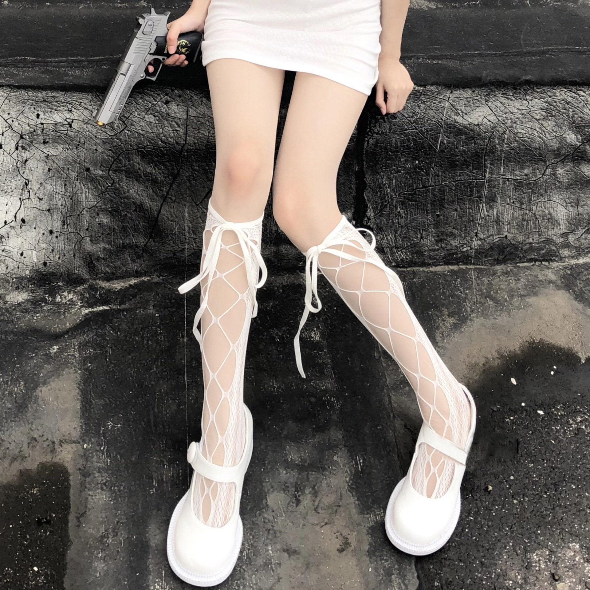Tất/vớ ren lưới buộc dây cao đến bắp chân, phong cách Lolita Nhật Bản cá tính và gợi cảm, mặt sau đính nơ Voan Nữ
