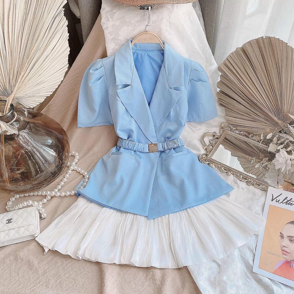Set vest blazer kèm chân váy thiết kế thanh lịch, đủ size màu xanh dương kèm dây nịch thời trang SANMAY