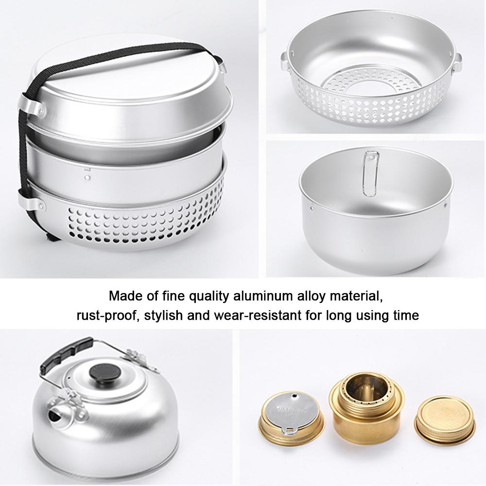 Aluminum Alloy Camping Alcohol Stoves Kit Portable Picnic BBQ Furnace Windproof Alcohol Stoves Outdoor Cooking Furnace Bowl Pot Kettle Accessory Set