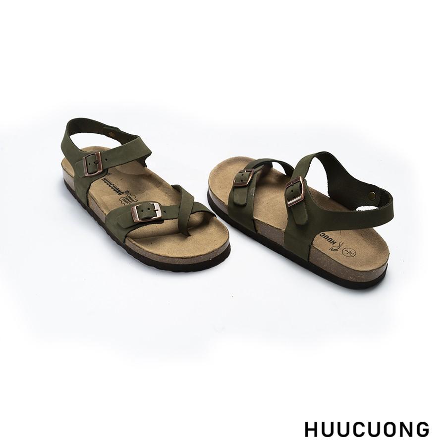 Sandal Unisex HuuCuong xỏ ngón Da Bò rêu đế trấu handmade