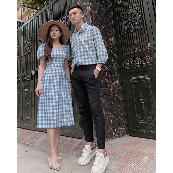 Set Áo váy đôi sơ mi CoupleTina caro xanh mềm mịn cao cấp