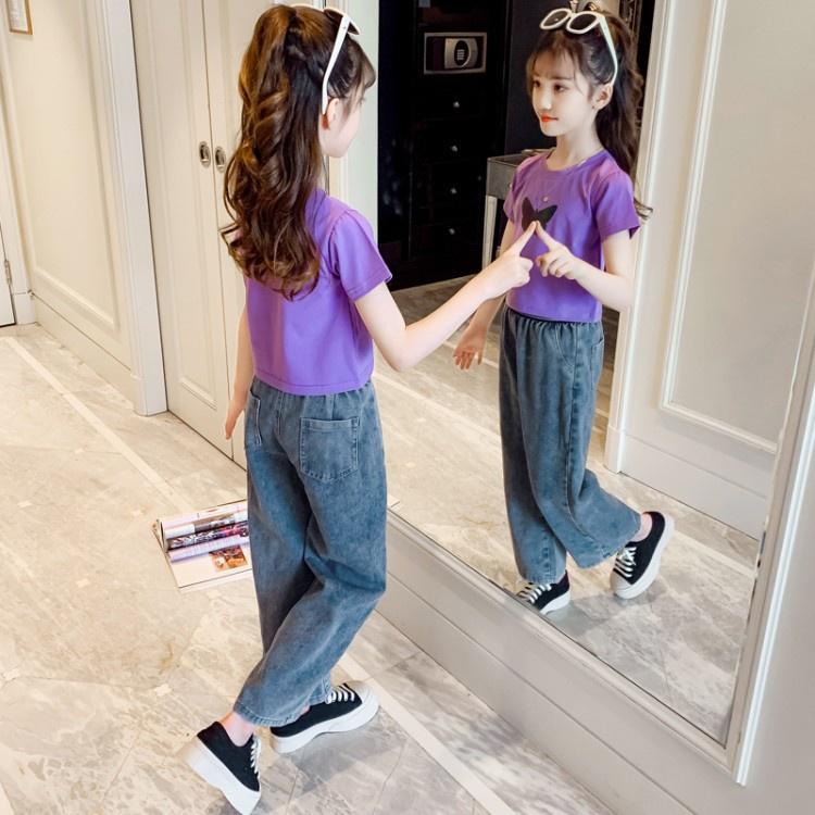 BTG21 Size110-160 (15-40kg) Set bộ cho bé gái. Áo sơ thun + quần jean Thời trang trẻ Em hàng quảng châu