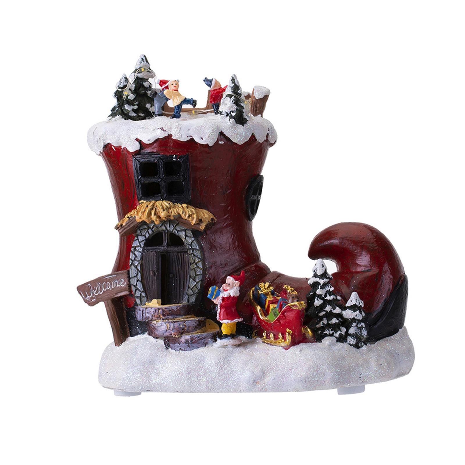 Rotating Boot House Music Box Christmas Ornament Table Centerpiece with Light Santa Claus Figurines for Home Dorm Restaurant