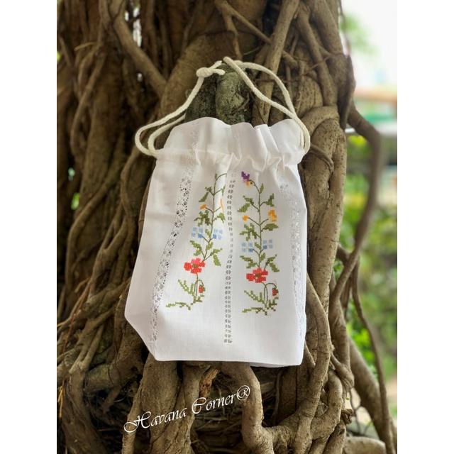 Túi dây rút thêu chữ nhân rút rua hoa nhiều màu size 11*22*7 cm - Vietnam Handmade Pouch With Embroidery