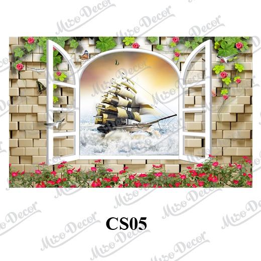 Tranh dán tường 3D cửa sổ phong cảnh in decal PP