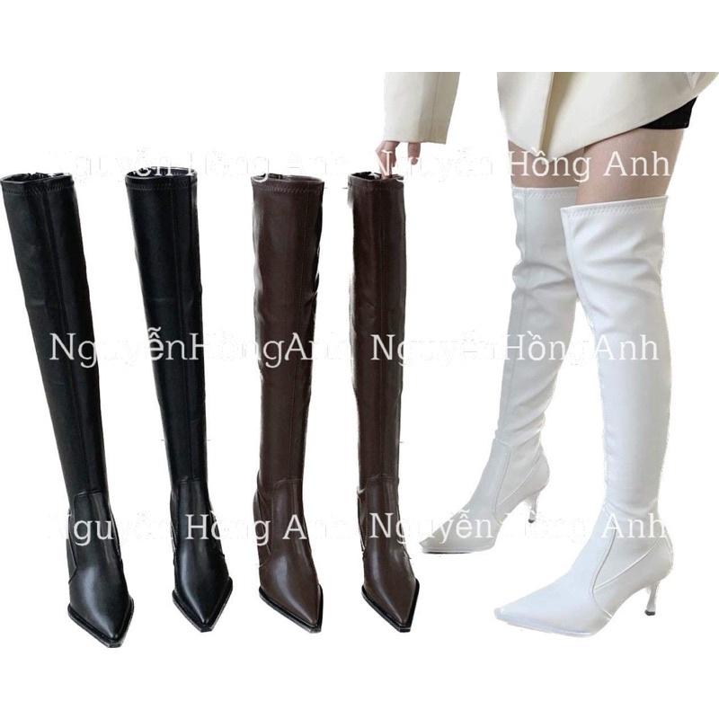 Hàng cao cấp Bốt  Đùi da lì mũi nhọn kéo khoá sau gót cao 7p  cho nữ