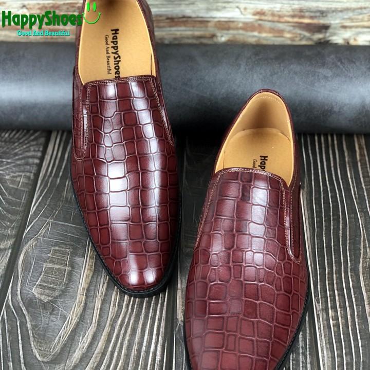 Giày Lười Nam Công Sở Happyshoes Da Bò Thật Dập Vân Cá Sấu - HS83 nâu đỏ