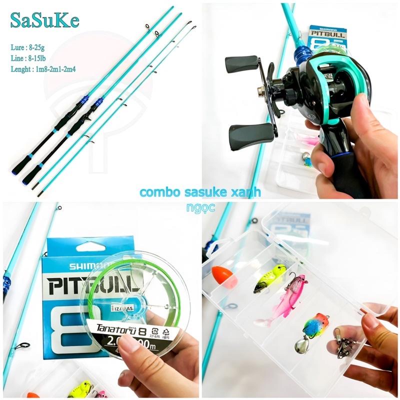 Bộ cần câu lure máy ngang cao cấp SaSuKe xanh ngọc tặng kèm dây câu lure x8 pillbull và hộp mồi