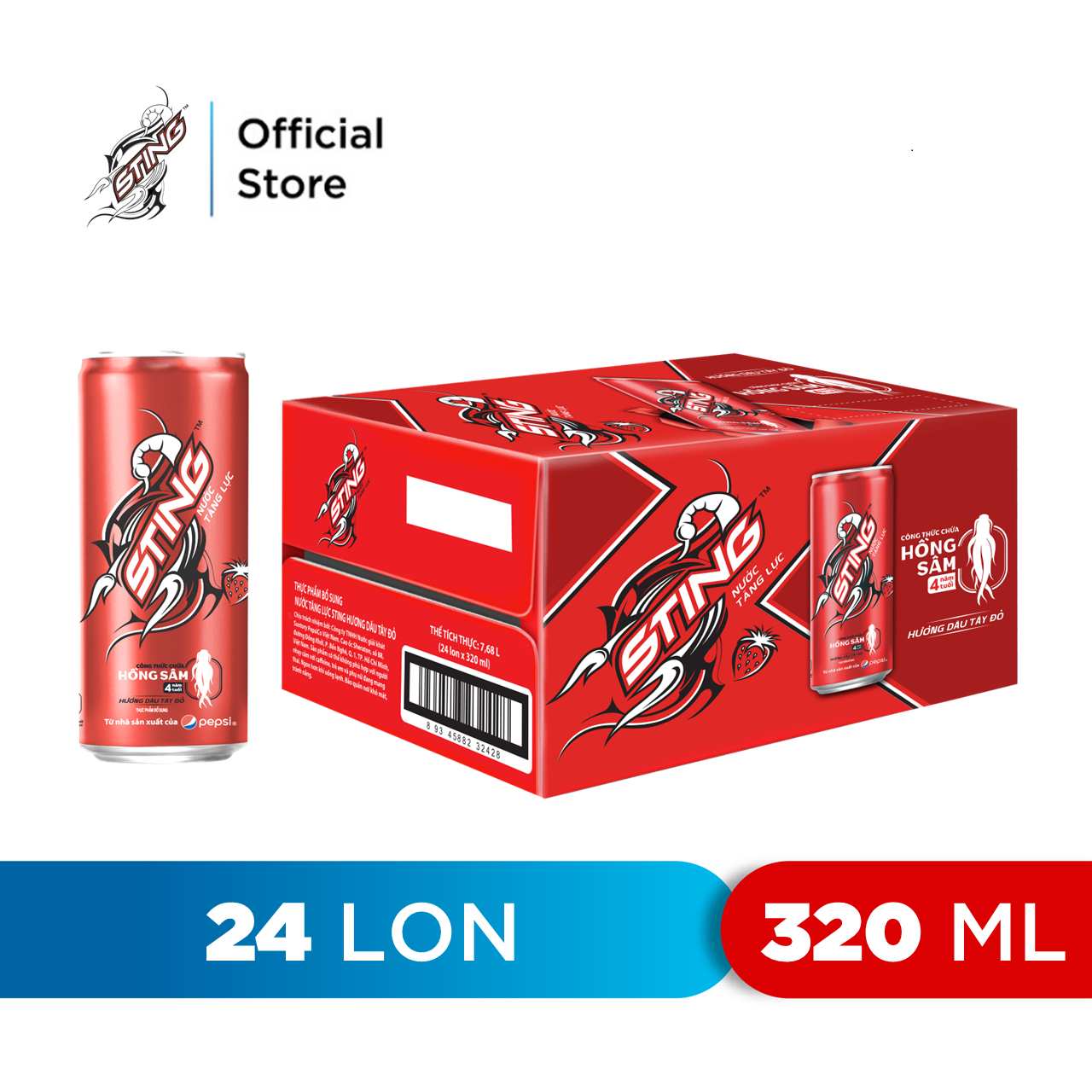 Thùng 24 Lon Nước Tăng Lực Sting Dâu (320ml/Lon)