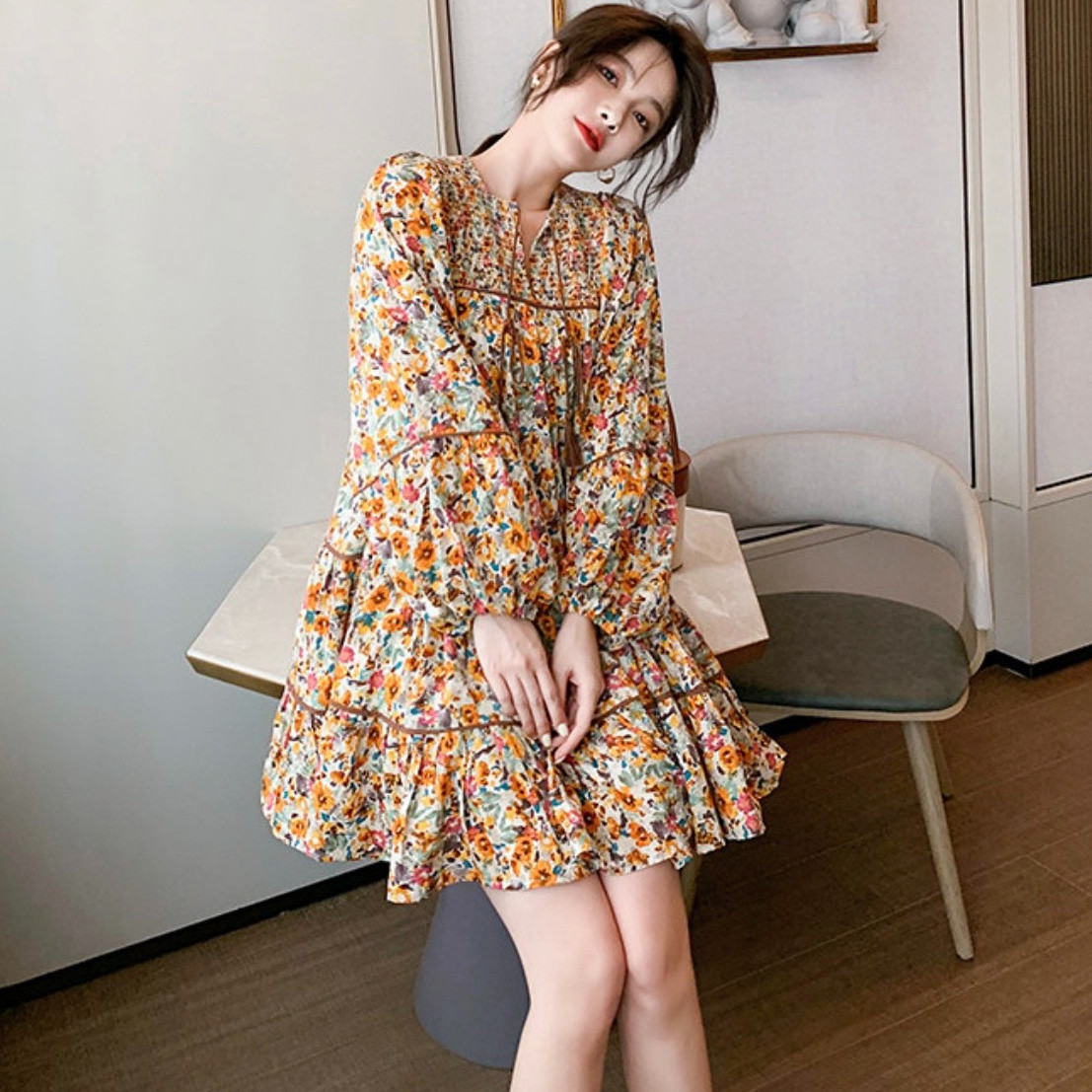 Đầm nối tầng hoa nhí vàng nâu đi chơi dự tiệc chất vải lụa cao cấp SPRING DRESS