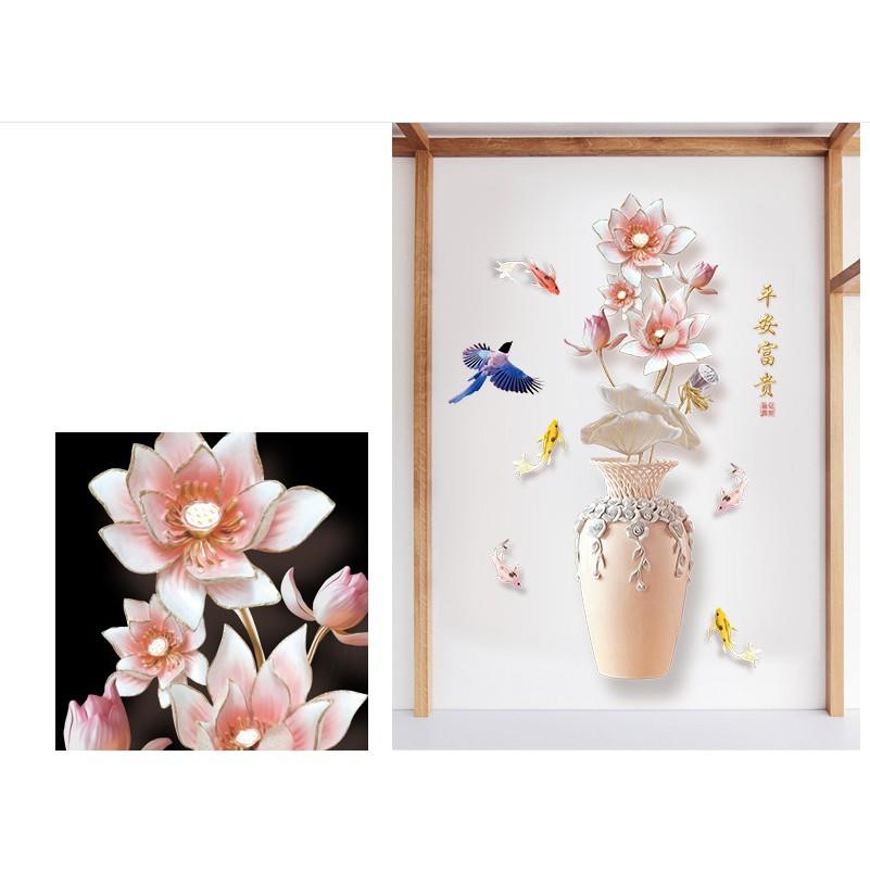 Decal trang trí tường - Chậu và Hoa Sen trắng hồng nhạt 3D mới
