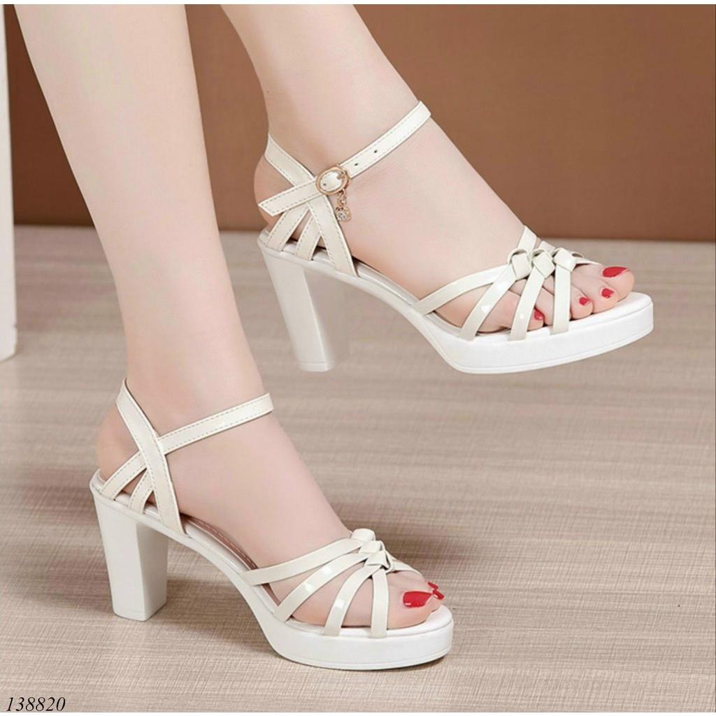 Giày sandal đế xuồng nữ 7cm,giày xăng-đan da cao gót quai ngang buộc dây 7 phân đen nhiều màu siêu nhẹ