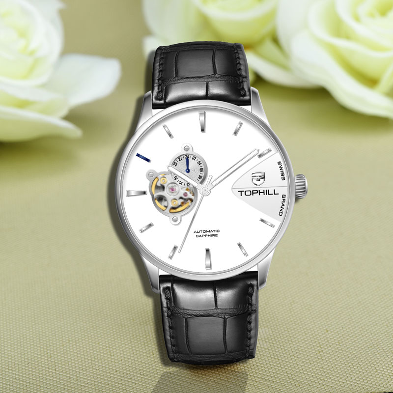 ĐỒNG HỒ TOPHILL TW083G.PB1258 Dây da và vỏ thép 316L, máy automatic, kính sapphire