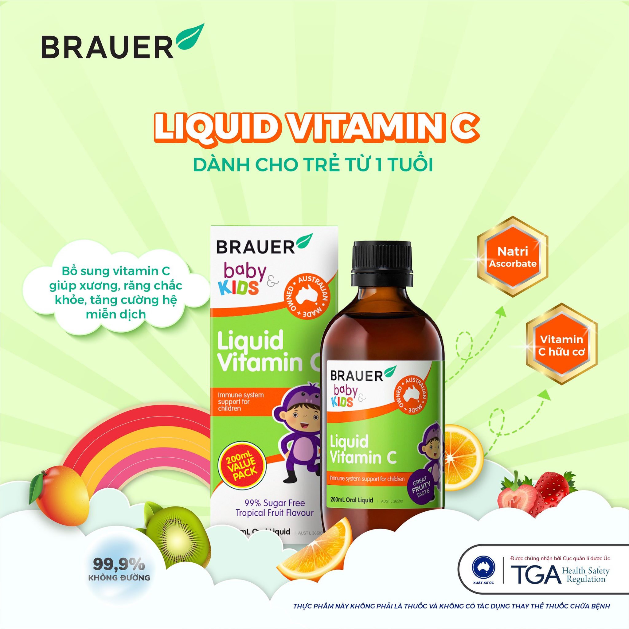 Vitamin C cho trẻ 1 - 13 tuổi Brauer Úc tăng đề kháng, tăng hệ miễn dịch, xương, răng chắc khỏe, nhanh lành vết thương (bệnh) - OZ Slim Store
