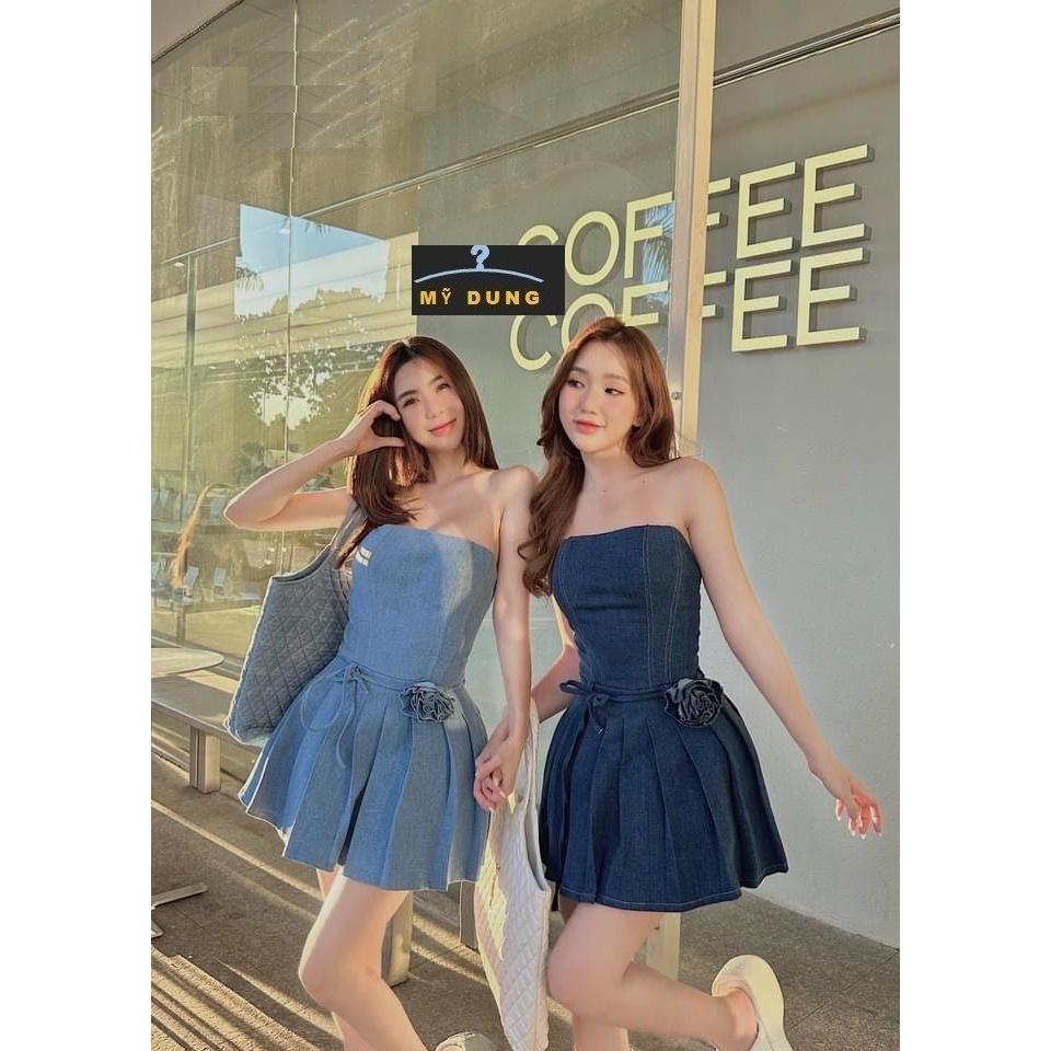 ĐẦM ỐNG NGẮN ÔM BODY XẾP LY XÒE SUÔNG TRƠN XANH DENIM / JEANS + DÂY LƯNG HOA ĐI BIỂN DẠO PHỐ DỰ TIỆC