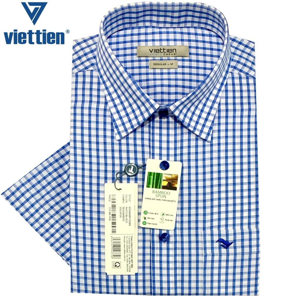 Viettien - Áo sơ mi nam ngắn tay xẻ tà vạt ngang Bamboo spun Ca rô Xanh trắng 6S0040 Regular - Ca rô