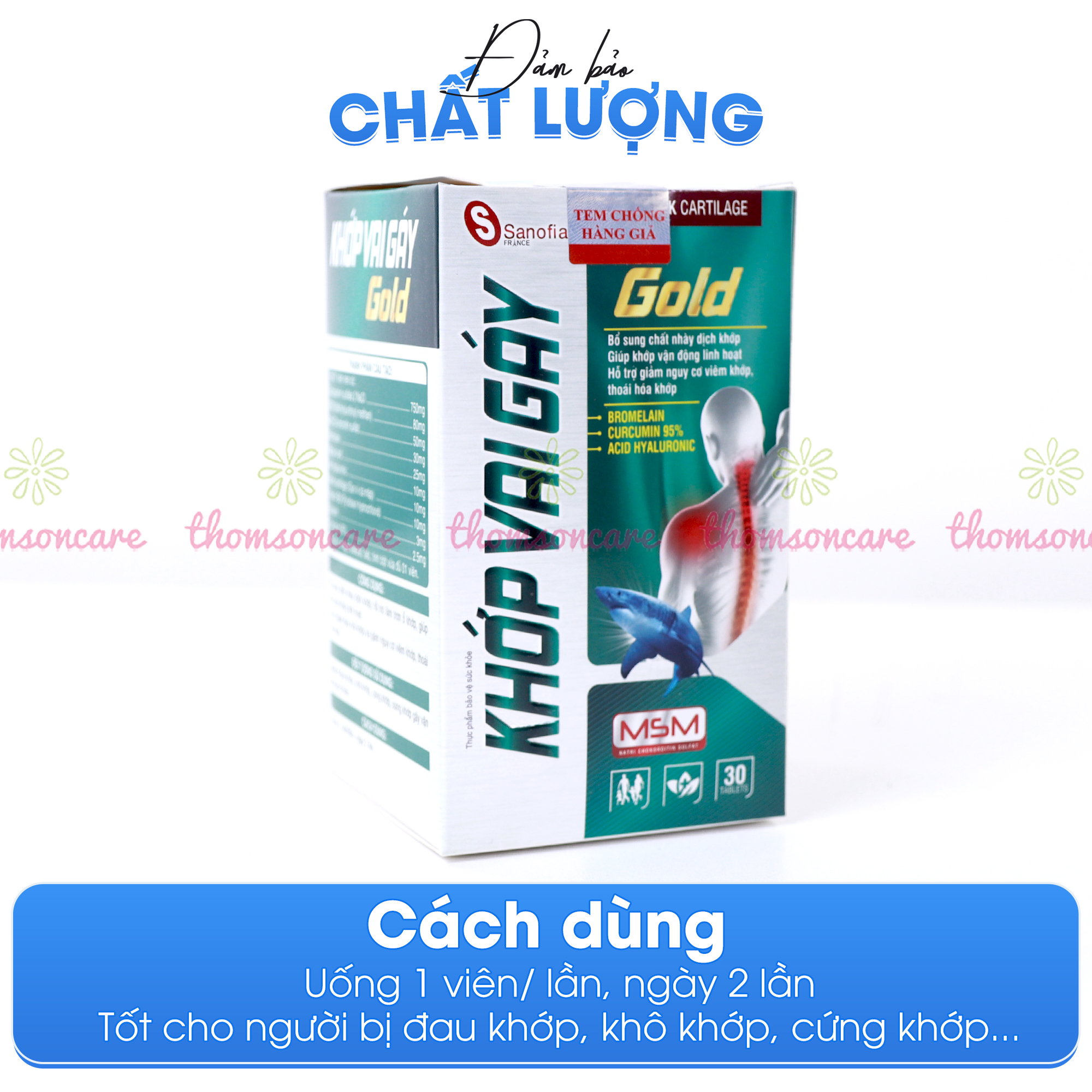Viên uống bổ xương khớp vai gáy gold, bổ sung chất dịch nhày khớp, giúp khớp linh hoạt từ sụn vi cá mập - Lọ 30 viên Thomsoncare