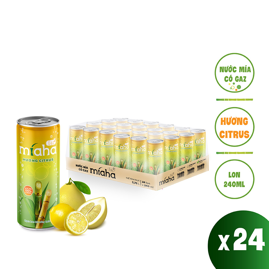 Thùng 24 lon Nước Mía có Gaz MiahaGaz vị Citrus 240ml/lon