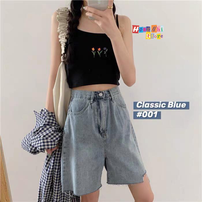 Quần Short Jean Ngố Đùi Rách Tưa Lai Cạp Cao Ống Rộng Ulzzang - MM