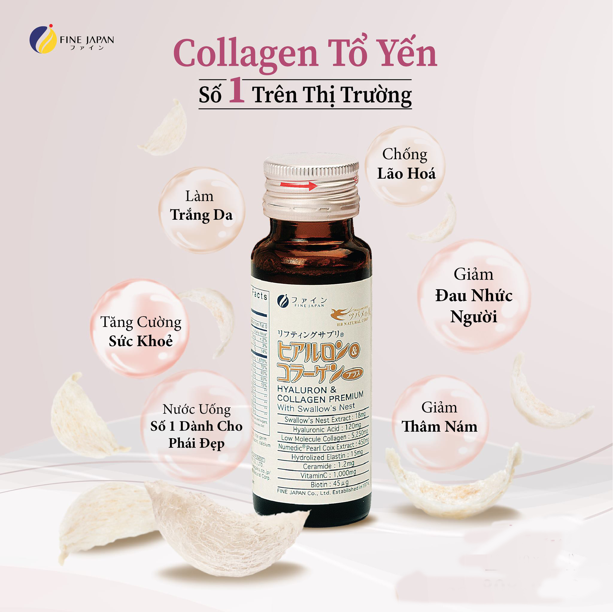 Nước Uống Collagen Tổ Yến Sào Nhật Bản Thượng Hạng Đẹp Da - Fine Japan Hyaluron  Collagen Premium Swallow Nest Hộp 10 chai x 50ml | FINE WORLD GROUP | Tiki