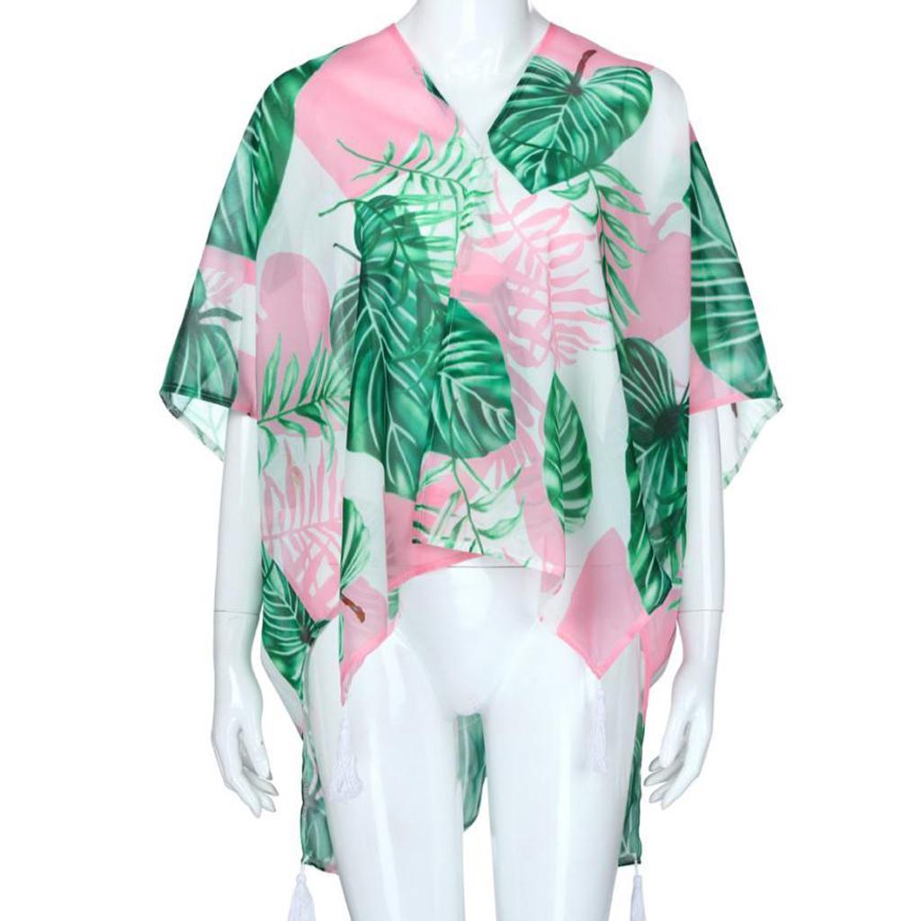 Women's Beach Cover Up Kimono Cardigan Tropical Leaves Tassels Design Soft Chiffon Blouse Shawl Top M-XL