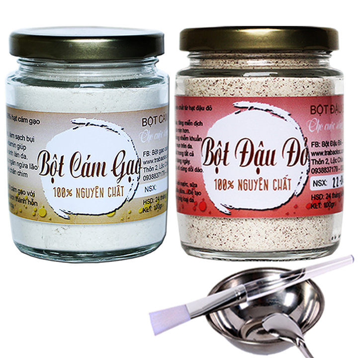 Combo Bột Đậu Đỏ + Bột Cám Gạo - Nguyên Chất Bảo Lộc Vũ Gia (100g) + Tặng Bộ Pha Chế Đắp Mặt Nạ Cao Cấp