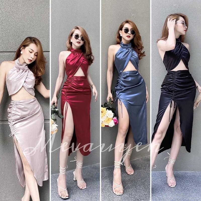 Set lụa cổ yếm cùng chân váy rút xẻ cao