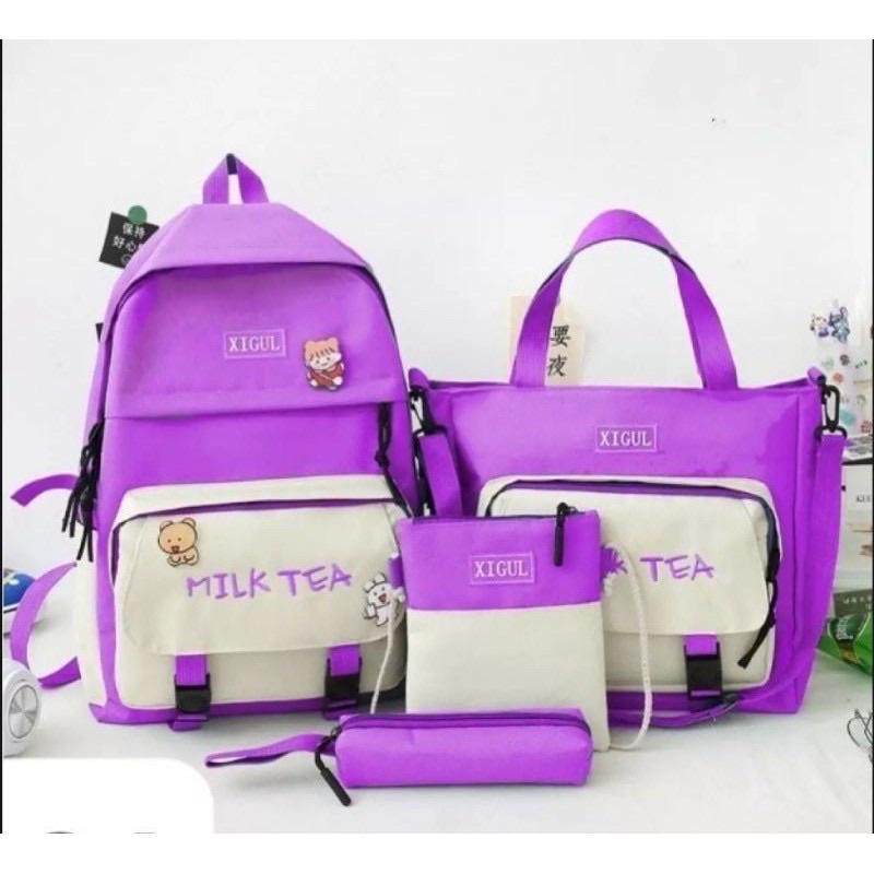 SET BALO 4 MÓN THỜI TRANG MILK TEA Balo nữ combo 4 món đi học thời trang sinh viên học sinh ba lô set cặp thời trang laptop Balo Set 4 Món