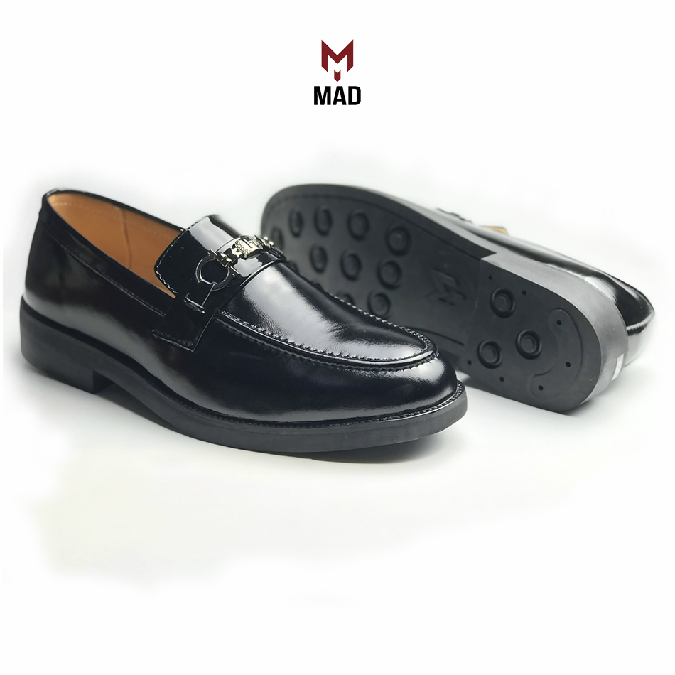 Giày tây lười nam Horsebit Loafer MAD Đen Bóng tăng chiều cao 4cm da bò cao cấp