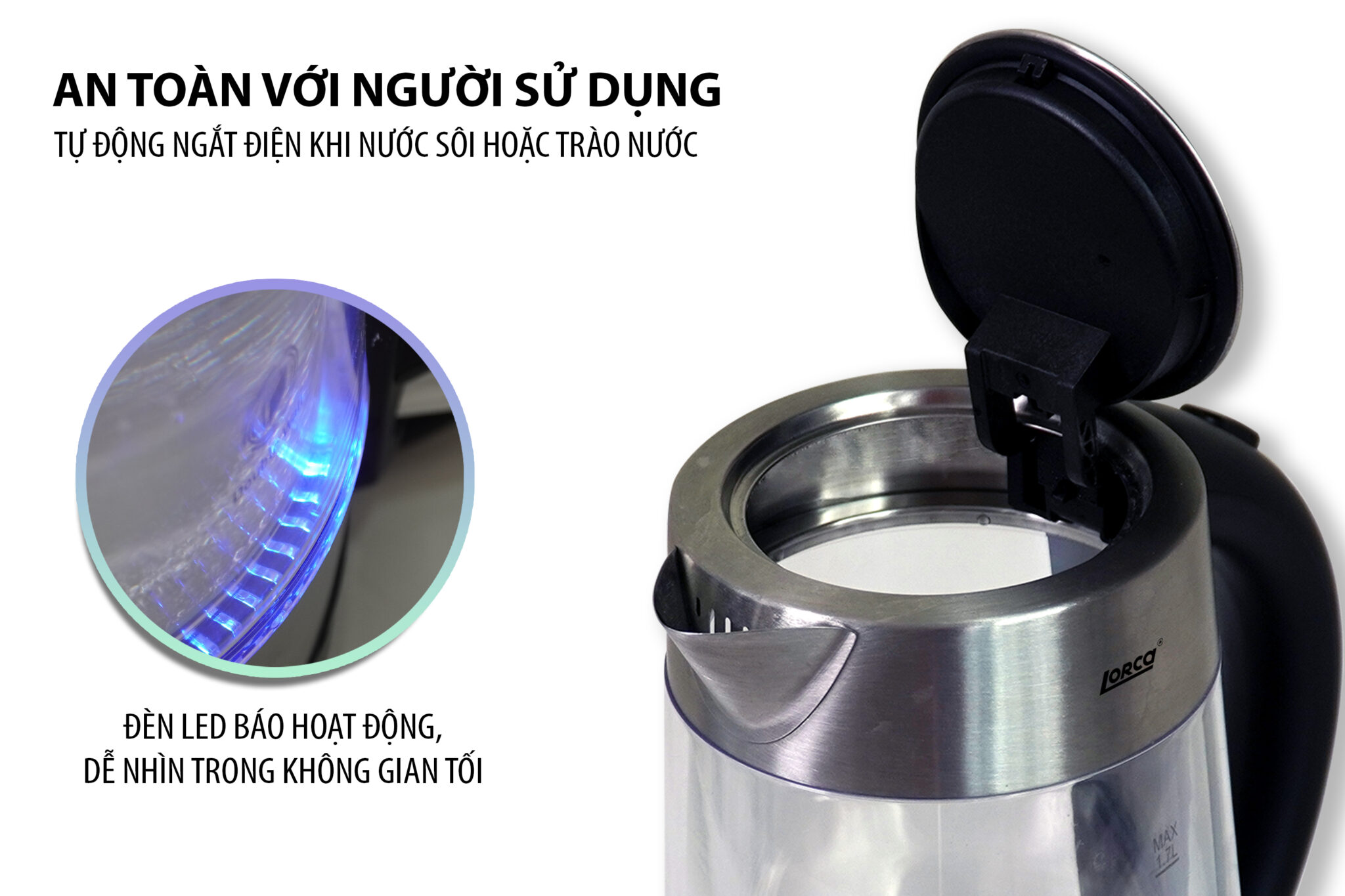 Ấm Đun Siêu Tốc 2 Lớp 1.7L Lorca TA 3006A Hàng Chính Hãng Ấm Đun Nước Thủy Tinh Inox Đun Nhanh, Công Suất Lớn 2200W