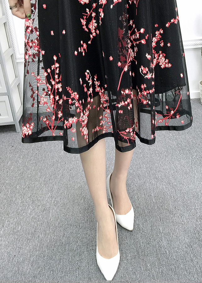 Chân váy nữ xòe 2 lớp họa tiết hoa lá cv17 (Free Size)