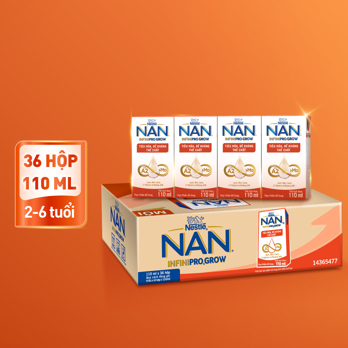 [Tặng Đồ chơi toán học] Thùng 36 hộp sữa pha sẵn Nestle NAN INFINIPRO GROW kết hợp A2, HMO hỗ trợ tiêu hóa,đề kháng &amp; phát triển thể chất 110ml