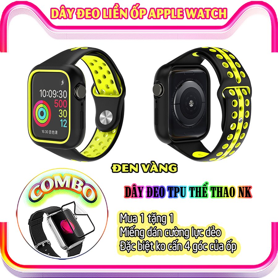 Dây Đeo liền ốp dành cho Apple Watch size 38/40/42/44mm TPU thể thao viền màu - Đen Vàng (tặng dán KCL theo size)