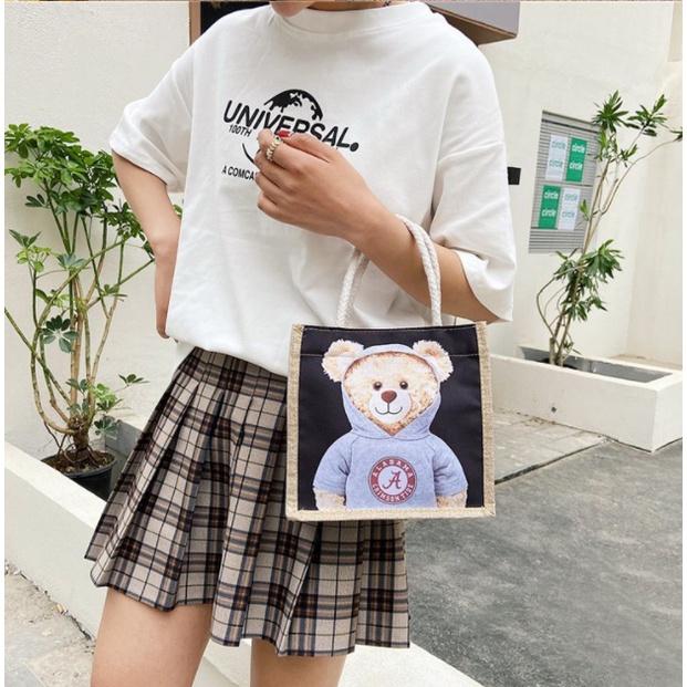 Túi Vải Cói,Khóa kéo 2022 phiên bản mới của Hàn Quốc túi nữ in Họa Tiết Gấu thời trang Trương Gia 05