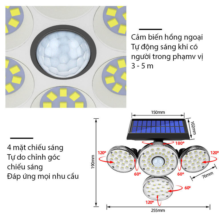 Đèn năng lượng mặt trời, đèn tường xoay 4 đầu 89LED,đầu dò thông minh -K1386