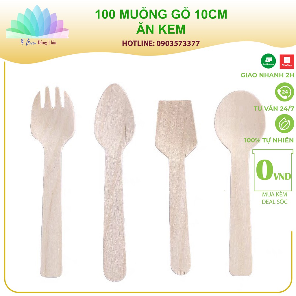 100 Thìa kem gỗ muôi gỗ dùng một lần kiểu Nhật giá rẻ sạch sẽ - E Green Dùng 1 Lần