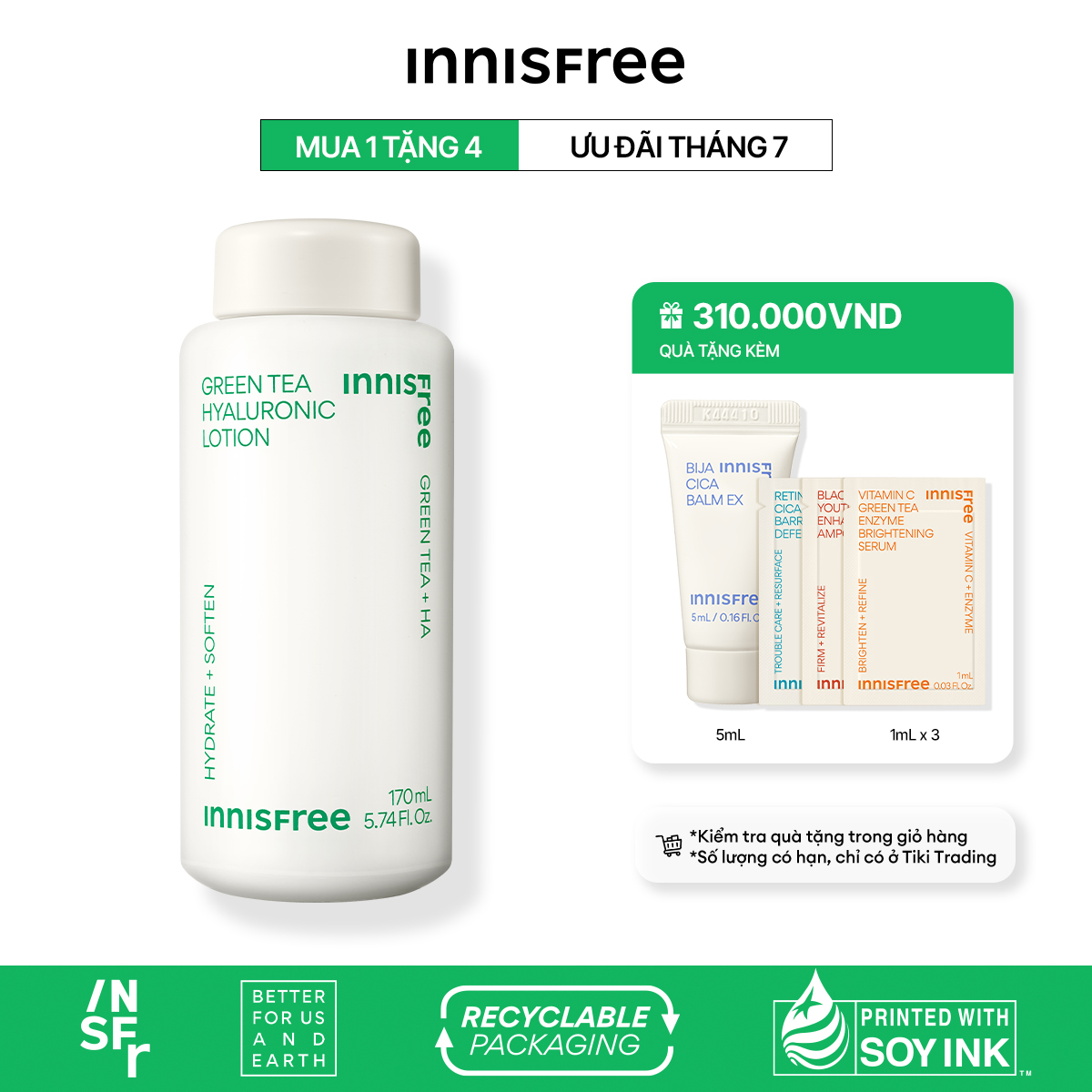 Sữa dưỡng ẩm từ trà xanh đảo Jeju Innisfree Green Tea hyaluronic lotion 170ml (NEW 2023)