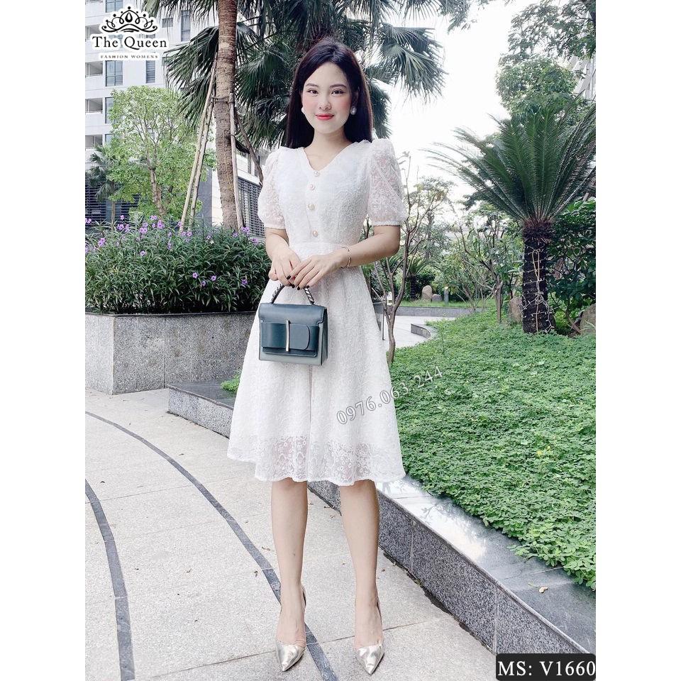 Váy ren dáng xòe cổ V tay ngắn V1660 màu trắng - The Queen Fashion
