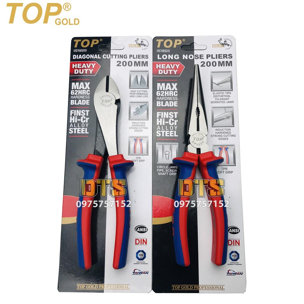 Bộ 2 kìm cắt - nhọn trợ lực chuyên nghiệp TOP GOLD 200mm, thép Hi-Cr cao cấp, thiết kế cộng lực tiết kiệm 50% lực bấm