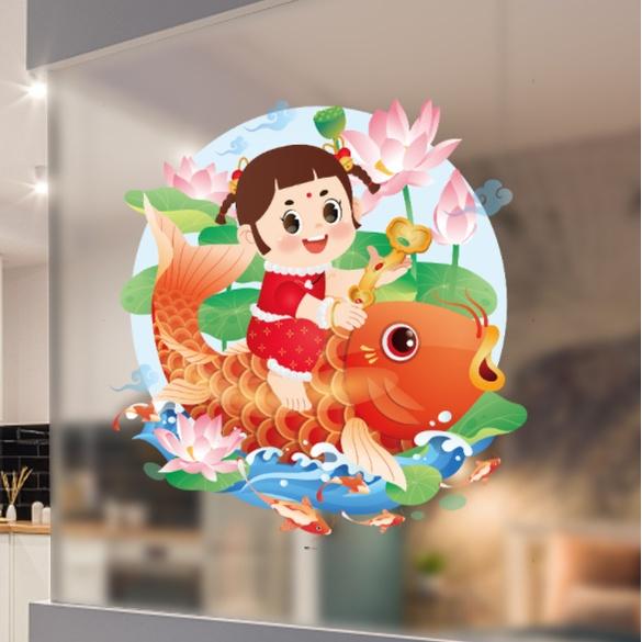 Decal hít tĩnh điện trang trí dán tết - BÉ TRAI BÉ GÁI CƯỠI CÁ CHÉP