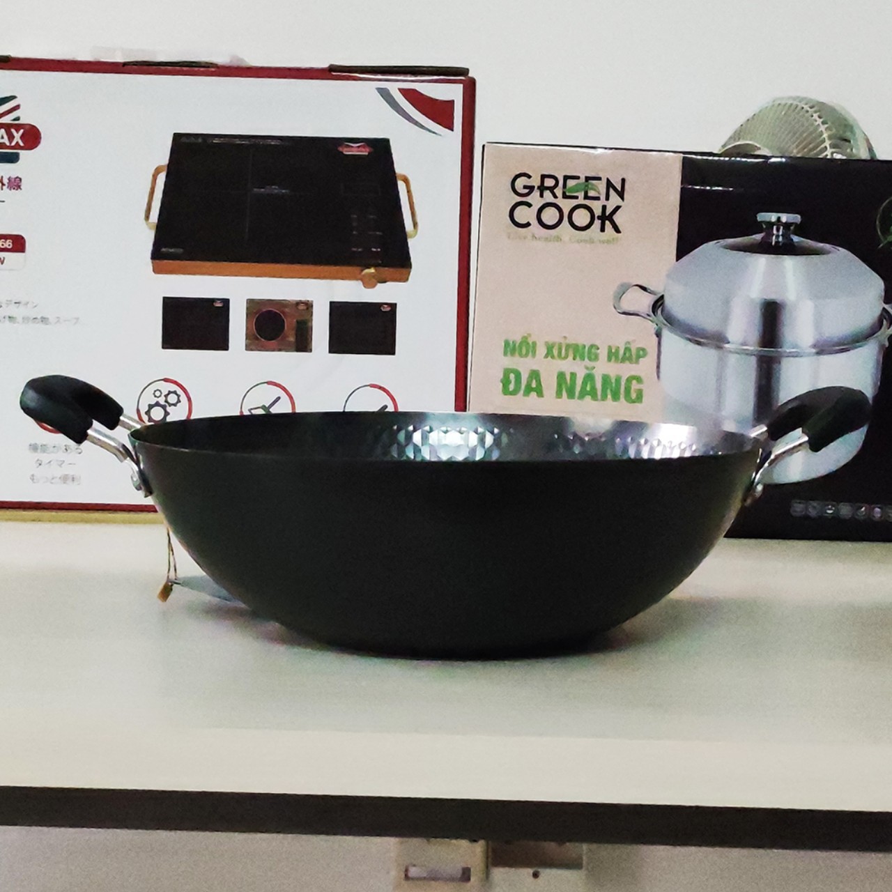 Chảo xào thép sâu lòng vân kim cương Greencook GCW02 size 32/34cm dùng mọi loại bếp, chống dính tự nhiên-Hàng chính hãng