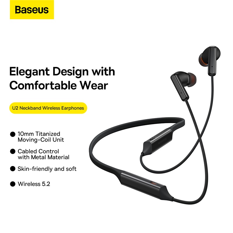 Tai Nghe Bluetooth Baseus Bowie U2 Neckband Wireless Earphones Black (Hàng chính hãng)