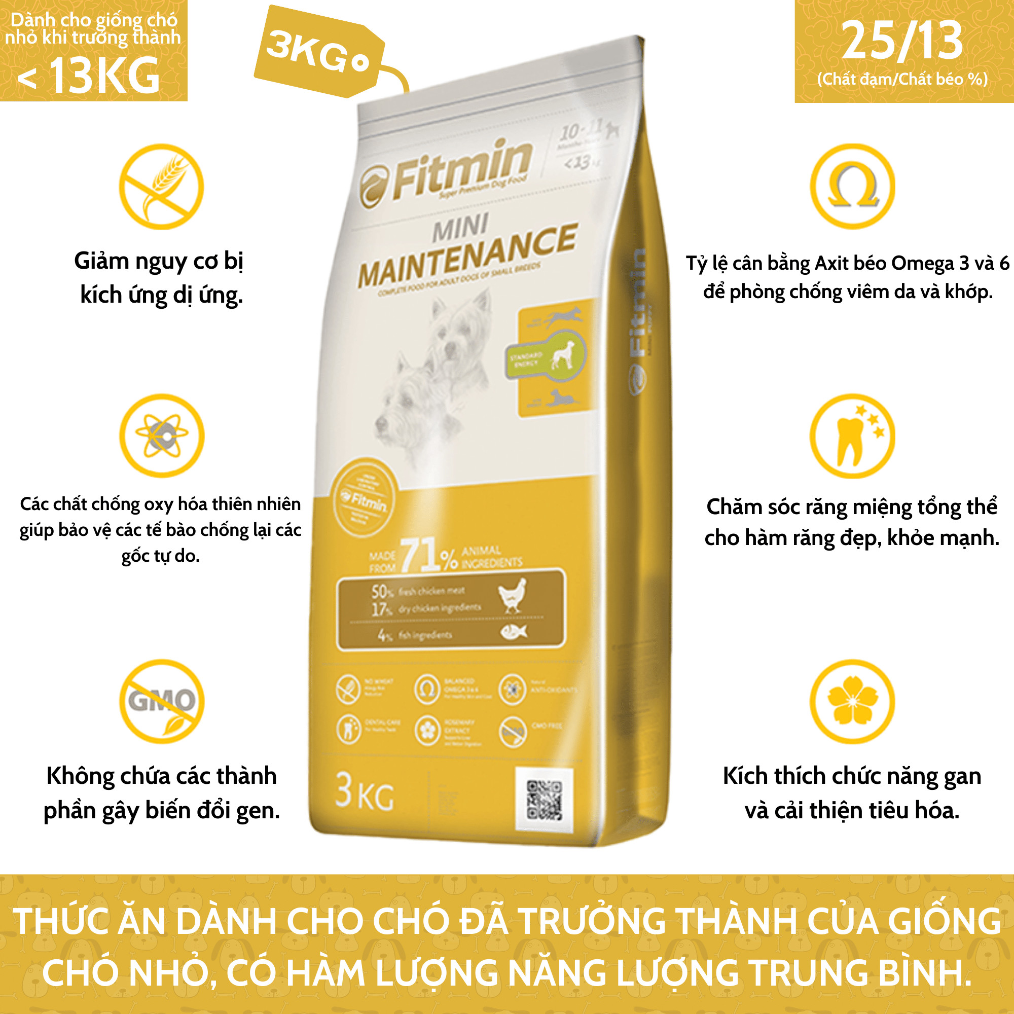 Thức Ăn Dành Cho Chó Đã Trưởng Thành Của Giống Chó Nhỏ Có Hàm Lượng Năng Lượng Trung Bình Hỗ Trợ Giảm Cân Fitmin Dog Mini Maintenance 3KG - TẶNG 1 Lon Pate Tươi Hello Dog Chicken Pate 190G