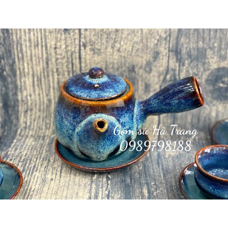 Bộ ấm chén quai ngang kiểu Nhật gốm sứ Bát Tràng cao cấp men hoả biến thiên thanh dung tích 420ml