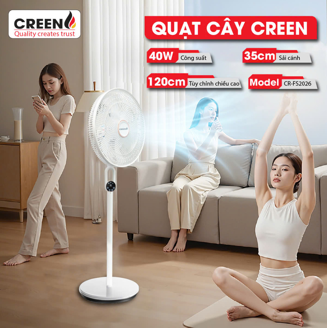Quạt Cây Điều Khiển Từ Xa CREEN CR-FS2026 Quạt 7 Cánh, 40W Điều Chỉnh Linh Hoạt - Hàng Chính Hãng