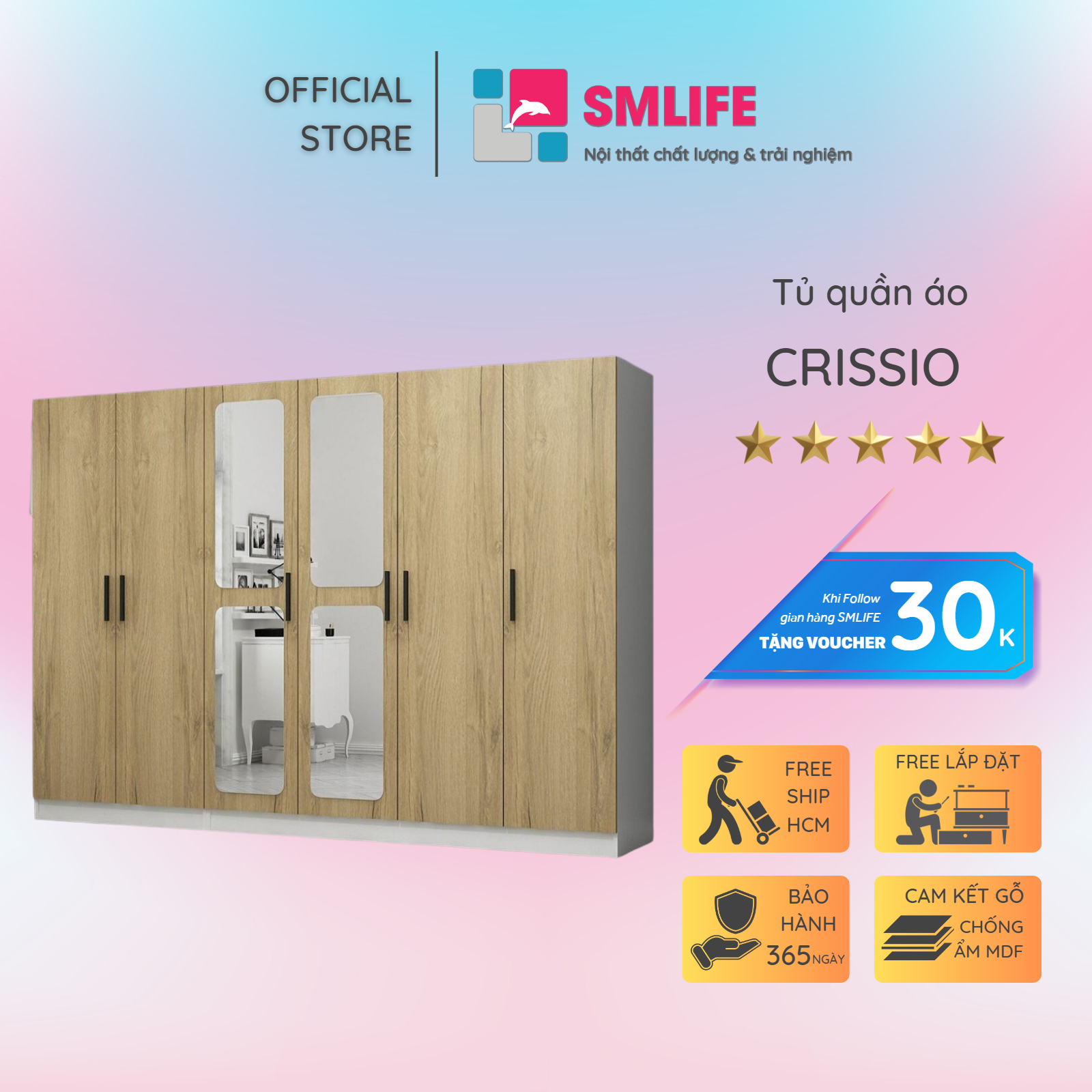 Tủ quần áo gỗ hiện đại SMLIFE Crissio  | Gỗ MDF dày 17mm chống ẩm | D270xR52xC190cm