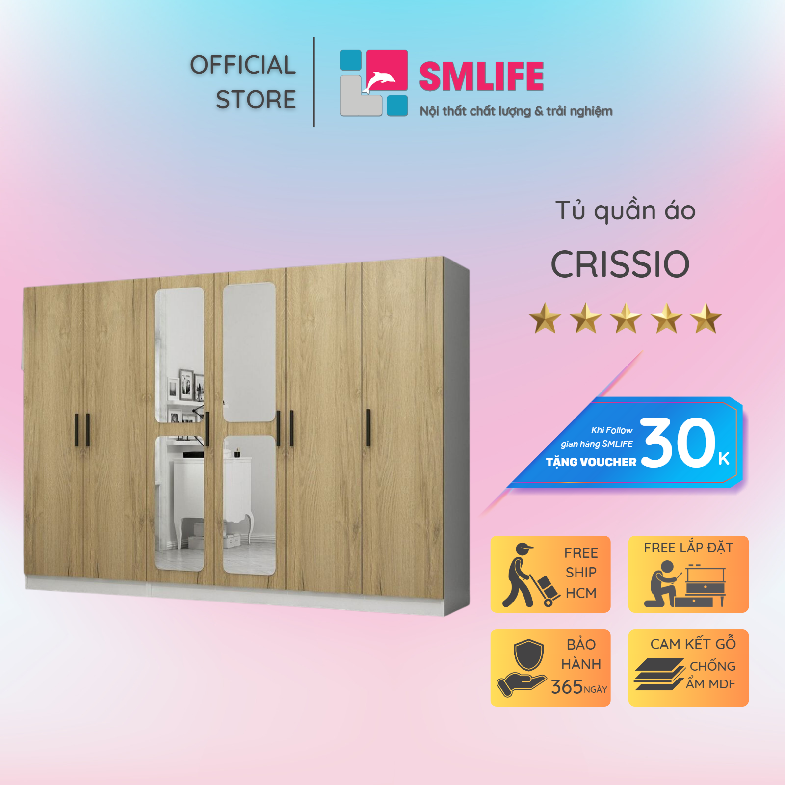 Tủ quần áo gỗ hiện đại SMLIFE Crissio | Gỗ MDF dày 17mm chống ẩm | D270xR52xC190cm
